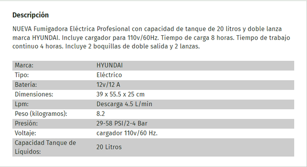 FUMIGADORA ELECTRICA HYUNDAI 20 LITROS - HYD2020XT